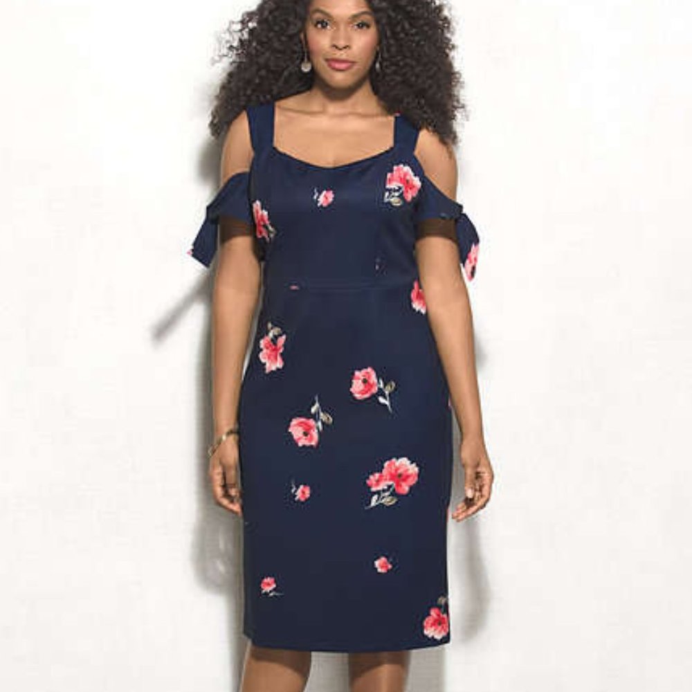 Ashley Graham Blue off the Shoulder Floral